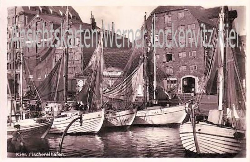 Ansichtskarte Kiel Fischereihafen mit Speicher von J.C. Kipp und Deutsch-Amerikanische Petroleum-Gesellschaft 