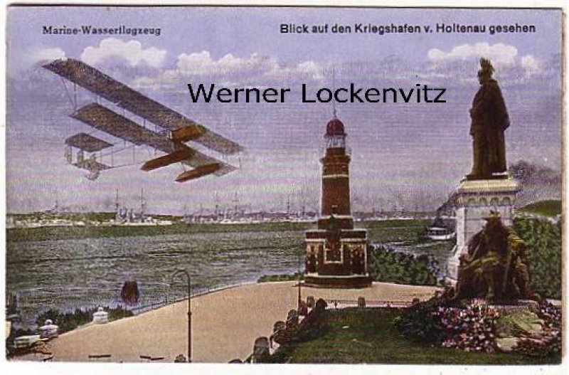 Ansichtskarte Kiel-Holtenau Blick auf den Kriegshafen mit Leuchtturm und Marine-Wasserflugzeug