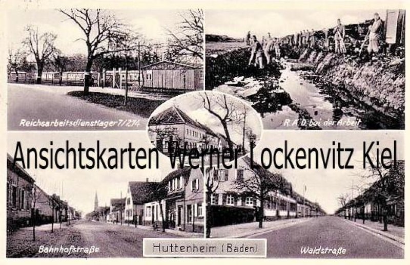 Ansichtskarte Philippsburg-Huttenheim Baden Reichsarbeitsdienst RAD Bahnhofstraße Waldstraße