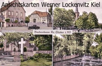 Ansichtskarte Marienmünster-Bredenborn Kreis Höxter Gasthof zur Post Kirche Teich Ehrenmal
