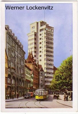 Ansichtskarte Stuttgart Tagblatt-Turmhaus mit Straßenbahn
