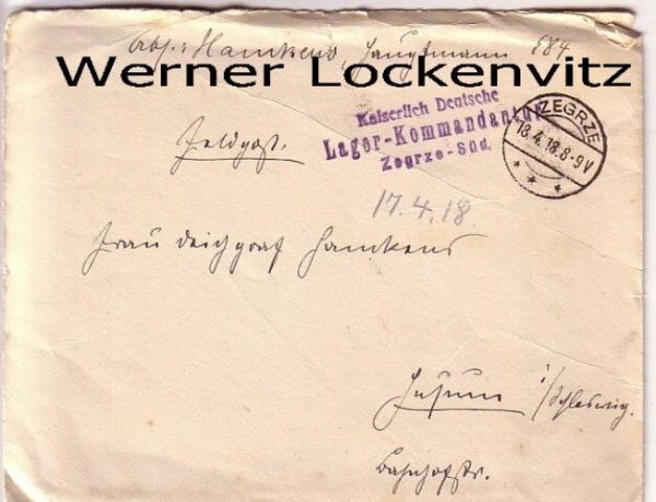 Polen Posen Zegrze Brief Kaiserlich Deutsche Lager-Kommandantur Feldpost