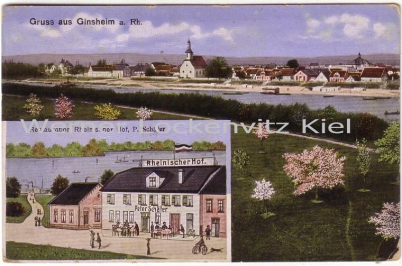 Ansichtskarte Mainz-Ginsheim Ortsansicht Restauration Rheinischer Hof Bes. P. Schäfer
