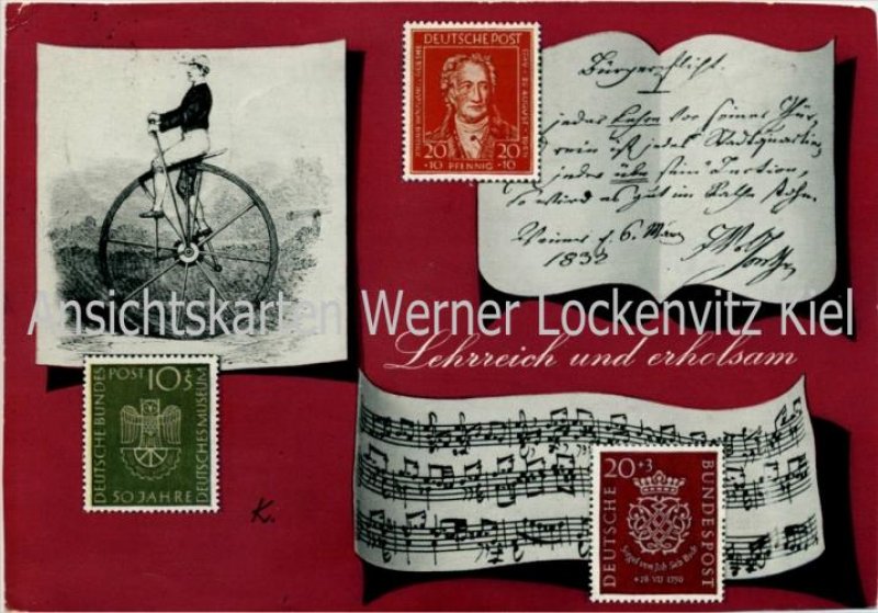 Ansichtskarte Deutsche Bundespost Briefmarken lehrreich und erholsam Einrad Goethe Bachsiegel
