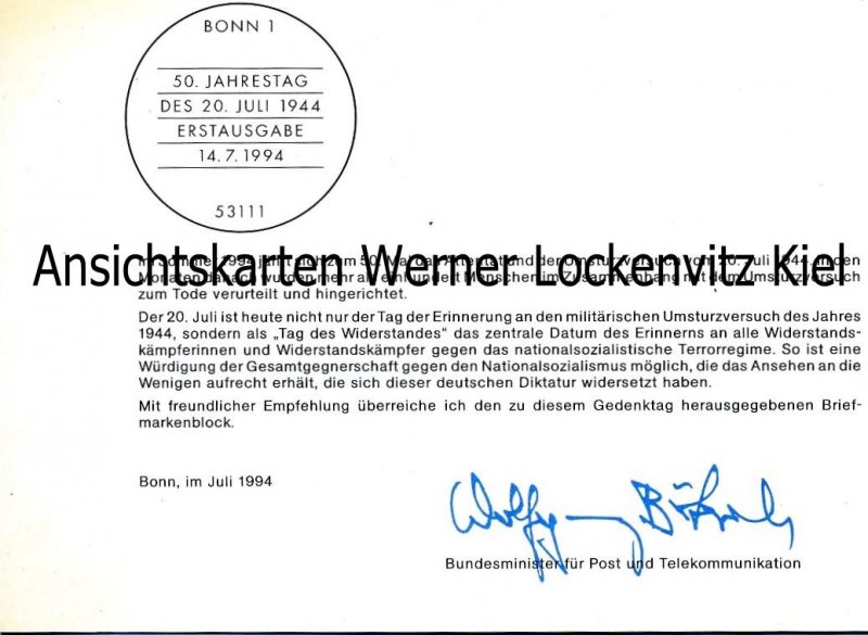 Deutschland Ministerkarte Block 30. Jahrestag des 20. Juli 1944