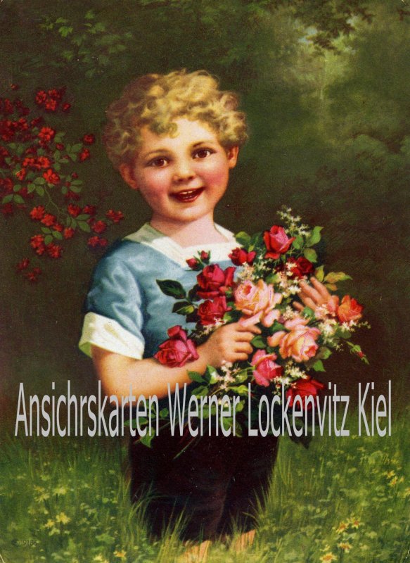 Ansichtskarte Junge mit Rosenstrauß Vorlagekarte 