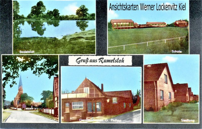 Ansichtskarte Ramelsloh Seevetal Gemischtwaren G. Philipp Siedlung Schule