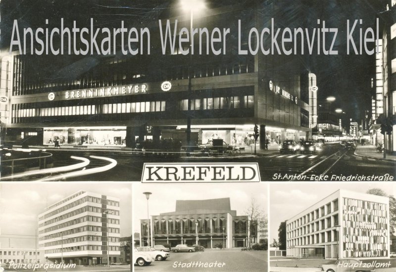 Ansichtskarte Krefeld St. Anton-Ecke Friedrichstraße Brenninkmeyer Nachtaufnahme Hauptzollamt Polizeipräsidium