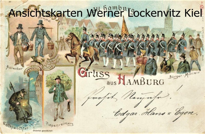 Ansichtskarte Hamburg Bürger Militär Hummel Aalweber Nachtwächter Piepenreimers Litho