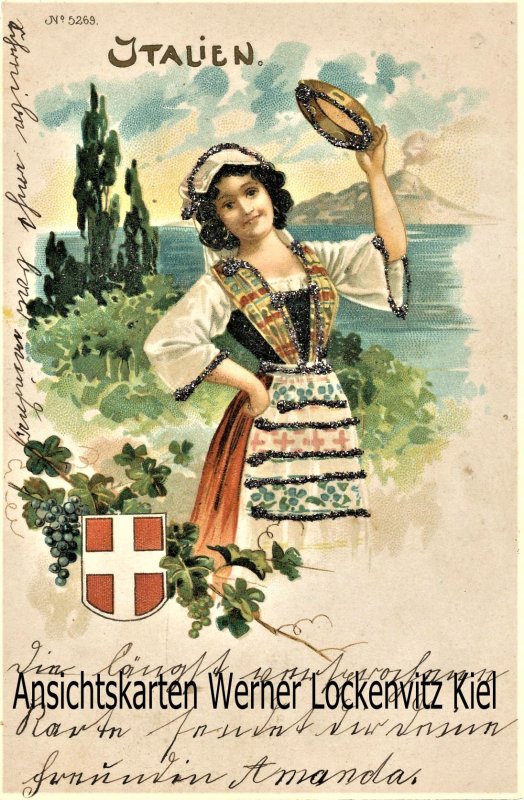 Ansichtskarte Italien Frau in Tracht Wappen Gllimmer Litho