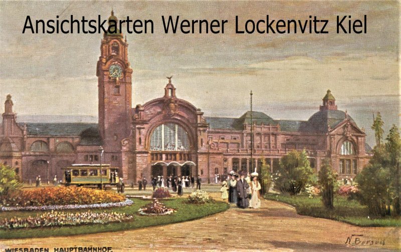 Ansichtskarte Wiesbaden Künstlerkarte Hauptbahnhof mit Straßenbahn 