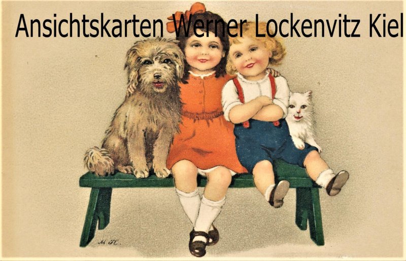 Ansichtskarte Zwei Kinder mit Hund und Katze Künstlerkarte Verlag Meissner & Buch