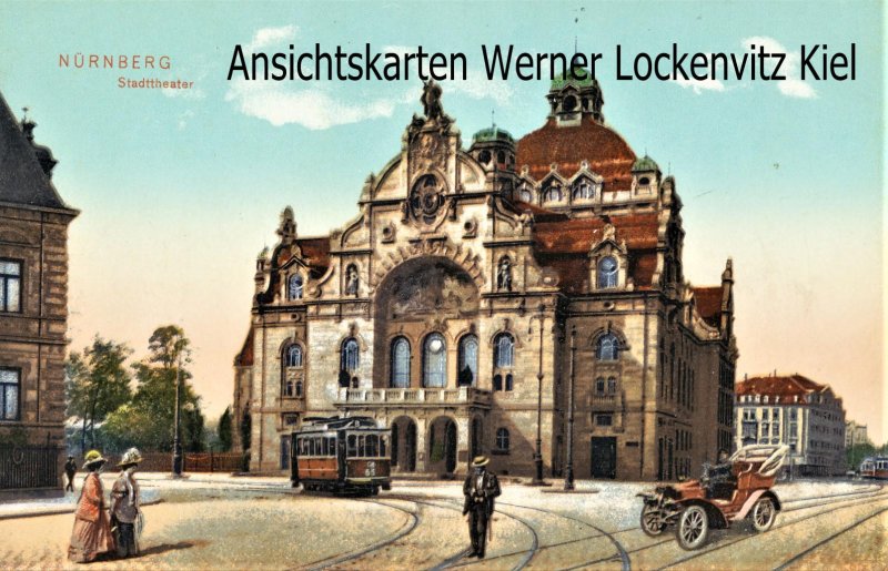 Ansichtskarte Nürnberg Stadttheater mit Straßenbahn und Auto
